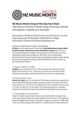 NZ Music Month Song of the Day Fact Sheet Use with Our NZ Music Month Song of the Day Calendar and Playlist on Spotify and Youtube!