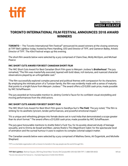 Media Release​. Toronto International Film Festival