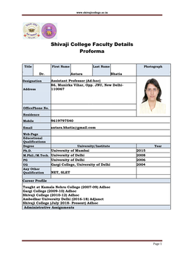 Shivaji College Faculty Details Proforma