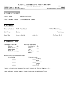 National Historic Landmark Nomination Union Oyster House 1. Name of Property 2. Location 3. Classification