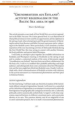 Activist Regionalism in the Baltic Sea Area in 1916