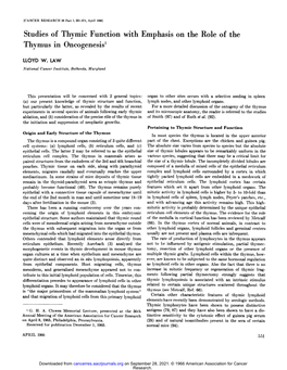 Studies of Thymic Function with Emphasis on the Role of the Thymus in Oncogenesist