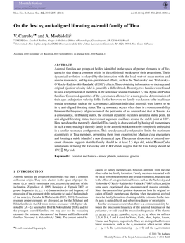 On the First 6 Antialigned Librating Asteroid Family of Tina