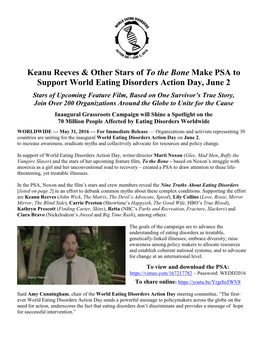 Keanu Reeves & Other Stars of to the Bone Make PSA to Support World Eating Disorders Action Day, June 2