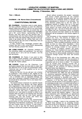 LEGISLATIVE ASSEMBL V of MANITOBA the STANDING COMMITTEE on STATUTORY REGULATIONS and ORDERS Monday, 17 November, 1980 Time