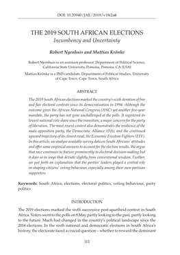 THE 2019 SOUTH AFRICAN ELECTIONS Incumbency and Uncertainty