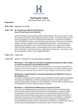 Teaching the Tudors Saturday 23 March 2019, York Programme