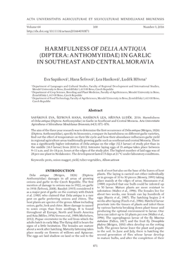 Harmfulness of Delia Antiqua (Diptera: Anthomyiidae) in Garlic in Southeast and Central Moravia