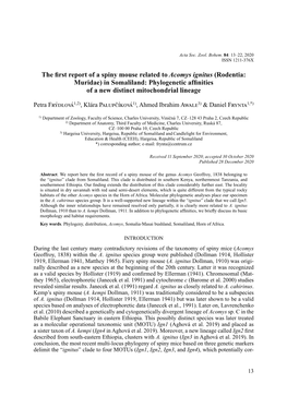 The First Report of a Spiny Mouse Related to Acomys Ignitus (Rodentia: Muridae) in Somaliland: Phylogenetic Affinities of a New Distinct Mitochondrial Lineage