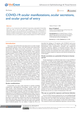 COVID-19: Ocular Manifestations, Ocular Secretions, and Ocular Portal of Entry