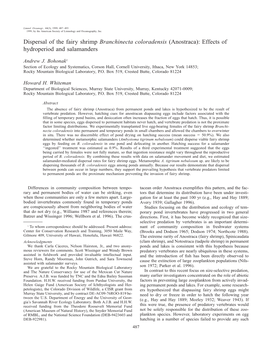 Dispersal of the Fairy Shrimp Branchinecta Coloradensis (Anostraca): Effects of Hydroperiod and Salamanders