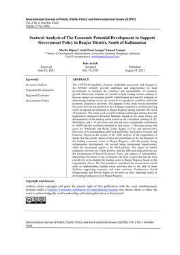 Sectoral Analysis of the Economic Potential Development to Support Government Policy in Banjar District, South of Kalimantan