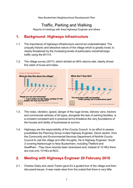 Traffic, Parking and Walking Reports of Meetings with Area Highways Engineer and Others