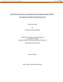 DIFFUSION of the TEXAS COOPERATIVE EXTENSION's HORSE THEFT AWARENESS and PREVENTION INITIATIVE a Record of Study by PATTRICK