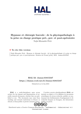 Hypnose Et Chirurgie Buccale : De La Physiopathologie À La Prise En Charge Pratique Pré-, Per- Et Post-Opératoire Najla Khouader Petit