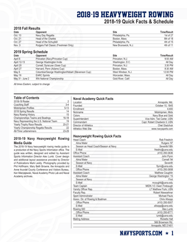 2018-19 HEAVYWEIGHT ROWING 2018-19 Quick Facts & Schedule 2018 Fall Results Date Opponent Site Time/Result Oct