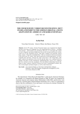 The Church Hymn “Christ Receiveth Sinful Men”: Its Relationship to the German Original and Its Adaptation by American and Korean Hymnals Udc 783=30