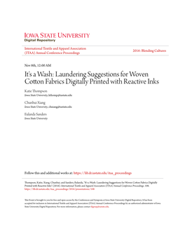 It's a Wash: Laundering Suggestions for Woven Cotton Fabrics Digitally Printed with Reactive Inks Katie Thompson Iowa State University, Kthomp@Iastate.Edu