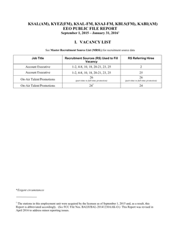 KSAL(AM), KYEZ(FM), KSAL-FM, KSAJ-FM, KBLS(FM), KABI(AM) EEO PUBLIC FILE REPORT 1 September 1, 2015 – January 31, 2016