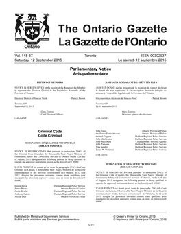 Ontario Gazette Volume 148 Issue 37, La Gazette De L'ontario Volume 148