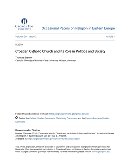 Croatian Catholic Church and Its Role in Politics and Society