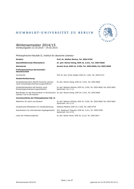 Wintersemester 2014/15 Vorlesungszeit:13.10.2014 - 14.02.2015