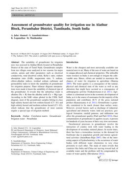 Assessment of Groundwater Quality for Irrigation Use in Alathur Block, Perambalur District, Tamilnadu, South India