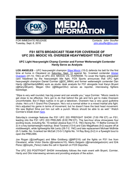FS1 Sets Broadcast Team for Coverage of UFC 203: Miocic Vs Overeem Heavyweight Title Fight