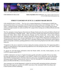 Street Closures on June 21: Lakers Parade Route