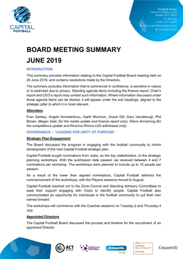 Board Meeting Summary June 2019