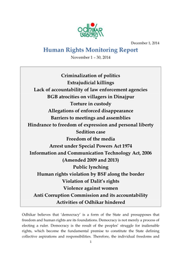 Human Rights Monitoring Report November 1 – 30, 2014