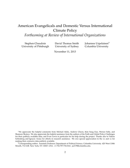 American Evangelicals and Domestic Versus International Climate Policy Forthcoming at Review of International Organizations