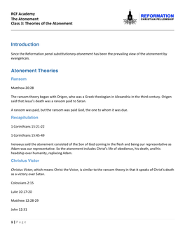 Introduction Atonement Theories