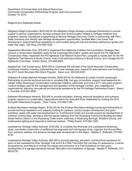 Department of Conservation and Natural Resources Community Conservation Partnerships Program Grant Announcement October 14, 2010