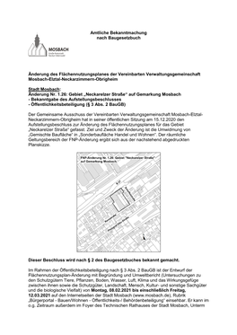 Änderung Des Flächennutzungsplanes Der Vereinbarten Verwaltungsgemeinschaft Mosbach-Elztal-Neckarzimmern-Obrigheim Stadt Mosba