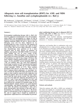 Allogeneic Stem Cell Transplantation (BMT) for AML and MDS Following Iv Busulfan and Cyclophosphamide