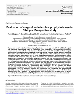 Surgical Antimicrobial Prophylaxis Use in Ethiopia: Prospective Study