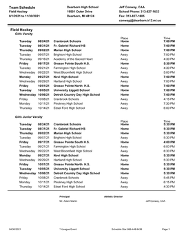 Team Schedule Field Hockey