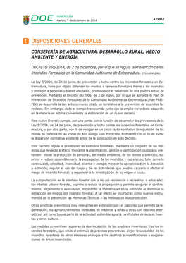 DECRETO 260/2014, De 2 De Diciembre, Por El Que Se Regula La Prevención De Los Incendios Forestales En La Comunidad Autónoma De Extremadura