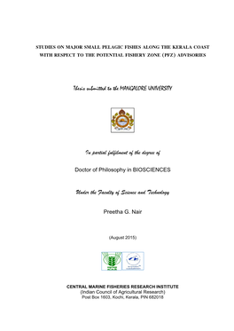 Studies on Major Small Pelagic Fishes Along the Kerala Coast with Respect to the Potential Fishery Zone (Pfz) Advisories