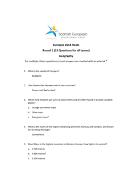 Euroquiz 2018 Heats Round 1 (15 Questions for All Teams) Geography