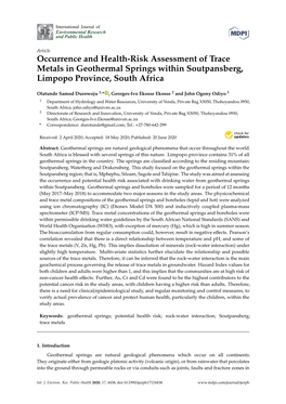 Occurrence and Health-Risk Assessment of Trace Metals in Geothermal Springs Within Soutpansberg, Limpopo Province, South Africa