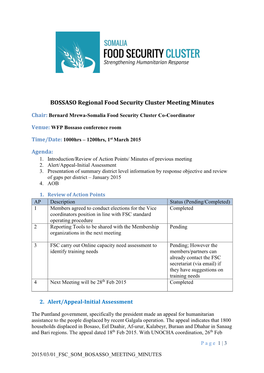 BOSSASO Regional Food Security Cluster Meeting Minutes