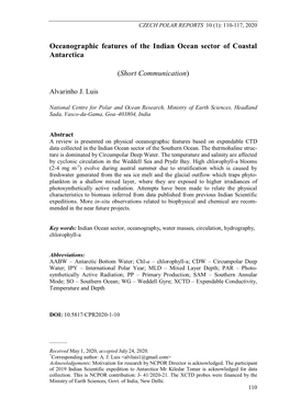 Oceanographic Features of the Indian Ocean Sector of Coastal Antarctica (Short Communication)