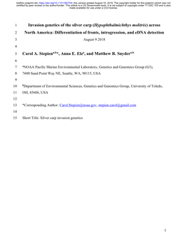 Invasion Genetics of the Silver Carp (Hypophthalmichthys Molitrix) Across North America: Differentiation of Fronts, Introgressio