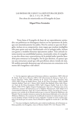 LAS BODAS DE CANÁ Y LA SEPULTURA DE JESÚS (Jn 2, 1-11 Y 19, 29-40) Dos Obras De Misericordia En El Evangelio De Juan