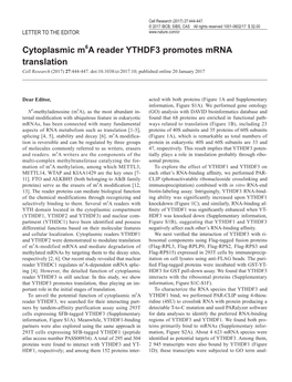Cytoplasmic M6a Reader YTHDF3 Promotes Mrna Translation Cell Research (2017) 27:444-447