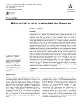 Research Paper ITS2: an Ideal DNA Barcode for the Arid Medicinal Plant