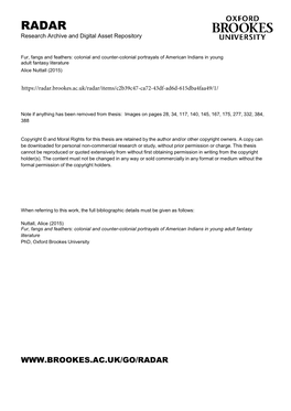Fur, Fangs and Feathers: Colonial and Counter-Colonial Portrayals of American Indians in Young Adult Fantasy Literature Alice Nuttall (2015)