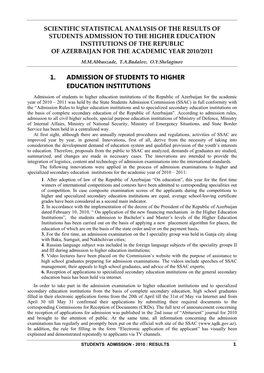 1. Admission of Students to Higher Education Institutions